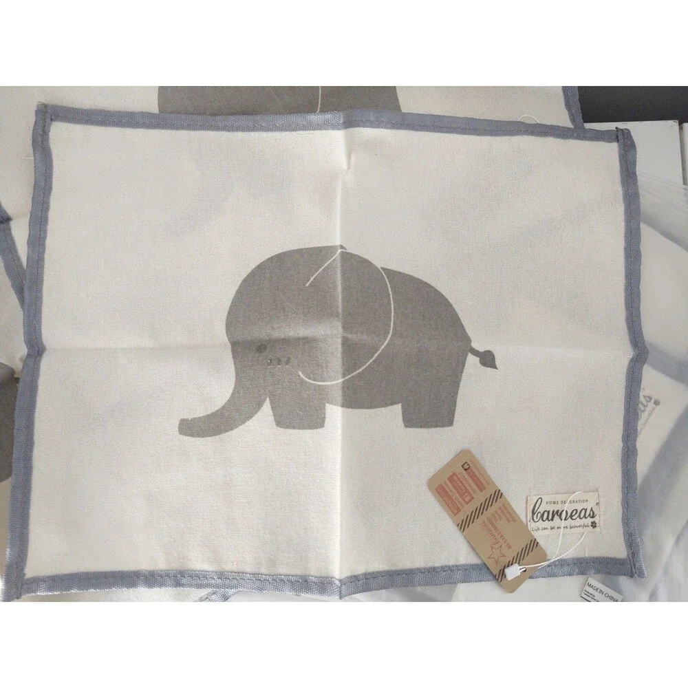 New Caroeas 4 Placemats & 4 Napkins Cream & Grey Linen Elephant Set Lot